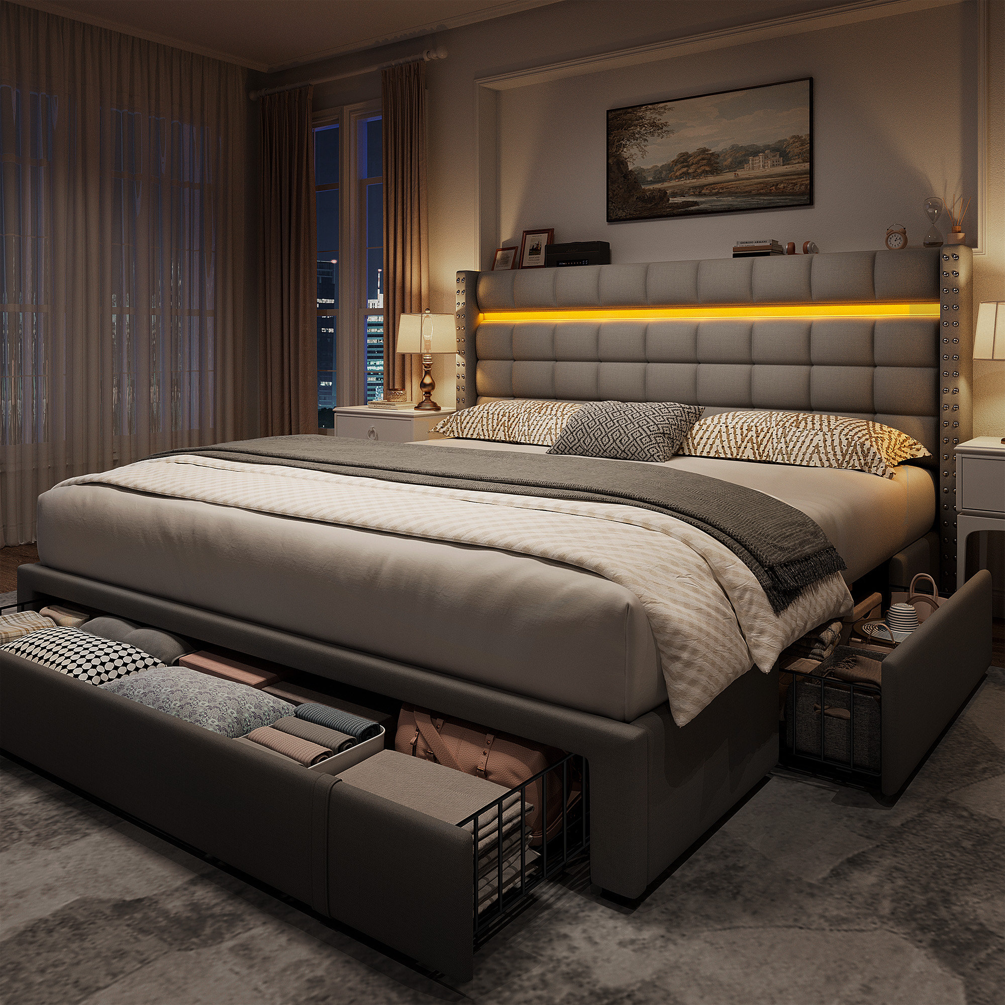 Wrought Studio™ Upholstered Bed Frame With Adjustable Headboard,platform Storage Bed With 3 Drawers And Led Light & Reviews | Wayfair Wrought Studio™ Upholstered Bed Frame With Adjustable Headboard,platform Storage Bed With 3 Drawers And Led Light & Reviews | Wayfair